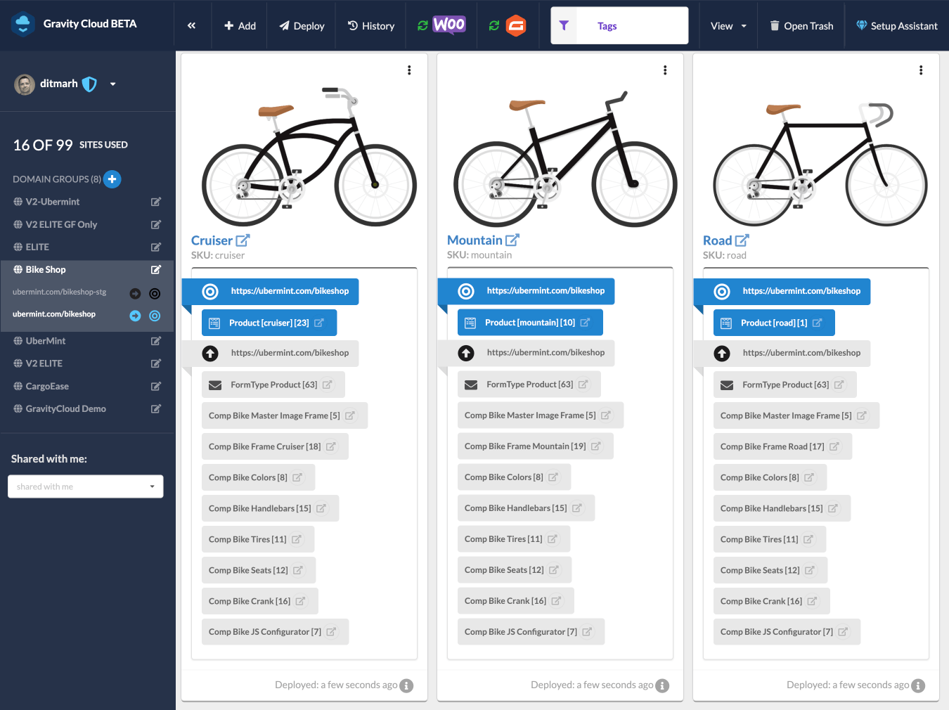 Gravity Cloud admin managing a configurable bike product catalogue across three variants — cruiser, mountain, and road — with component references and site deployments