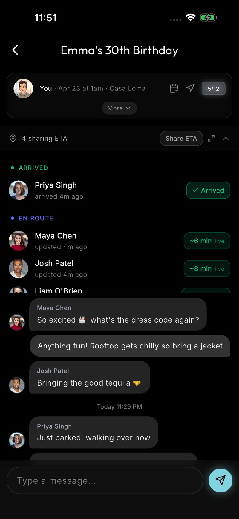 BoredApp event screen showing live arrival ETAs and group chat